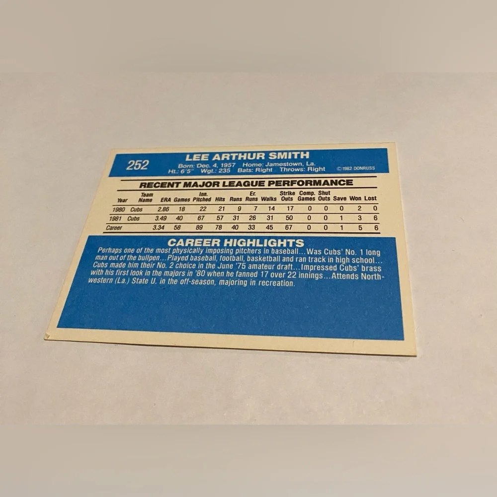 Lee Smith 1982 Rookie Donruss Baseball Card Vintage Collectible